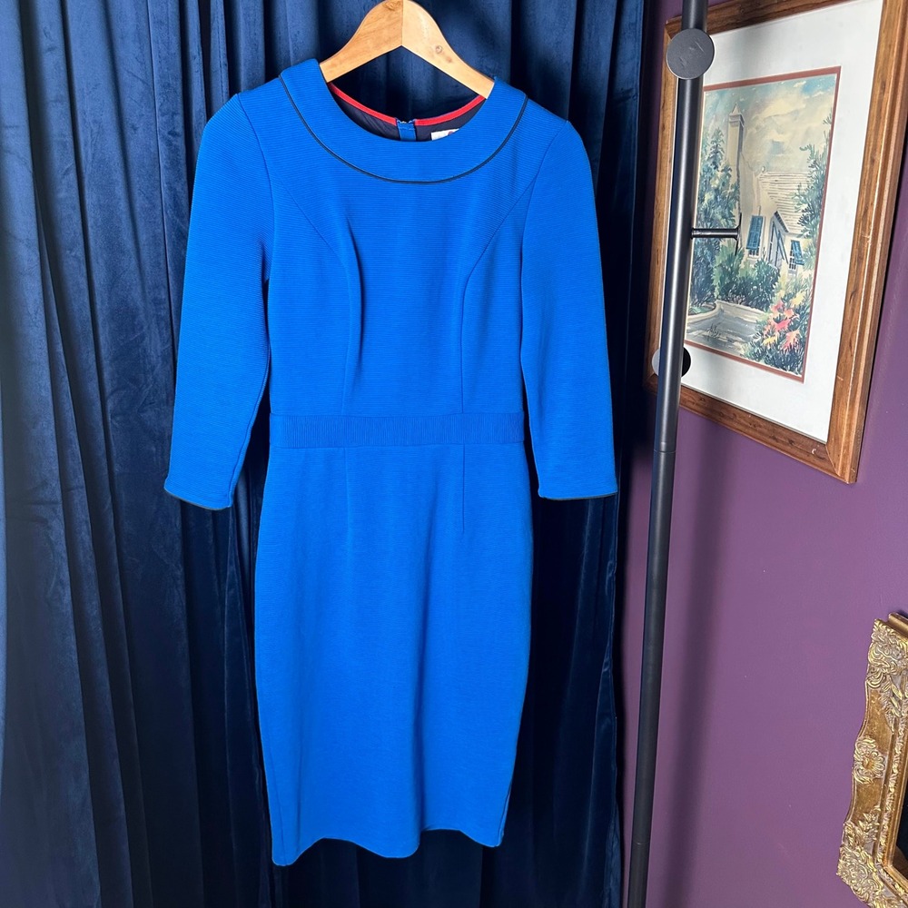 Boden Cobalt Blue Ponte Sheath Dress Navy Piping 3/4 Sleeve US 2R